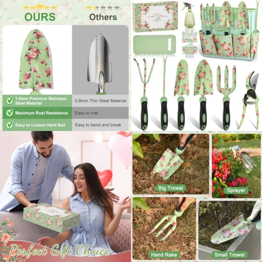Gardening Tools, 10 Piece Heavy Duty Garden Tools Set with Handle, Durable Fashion Garden Organizer Handbag, Ideal Gardening Wh