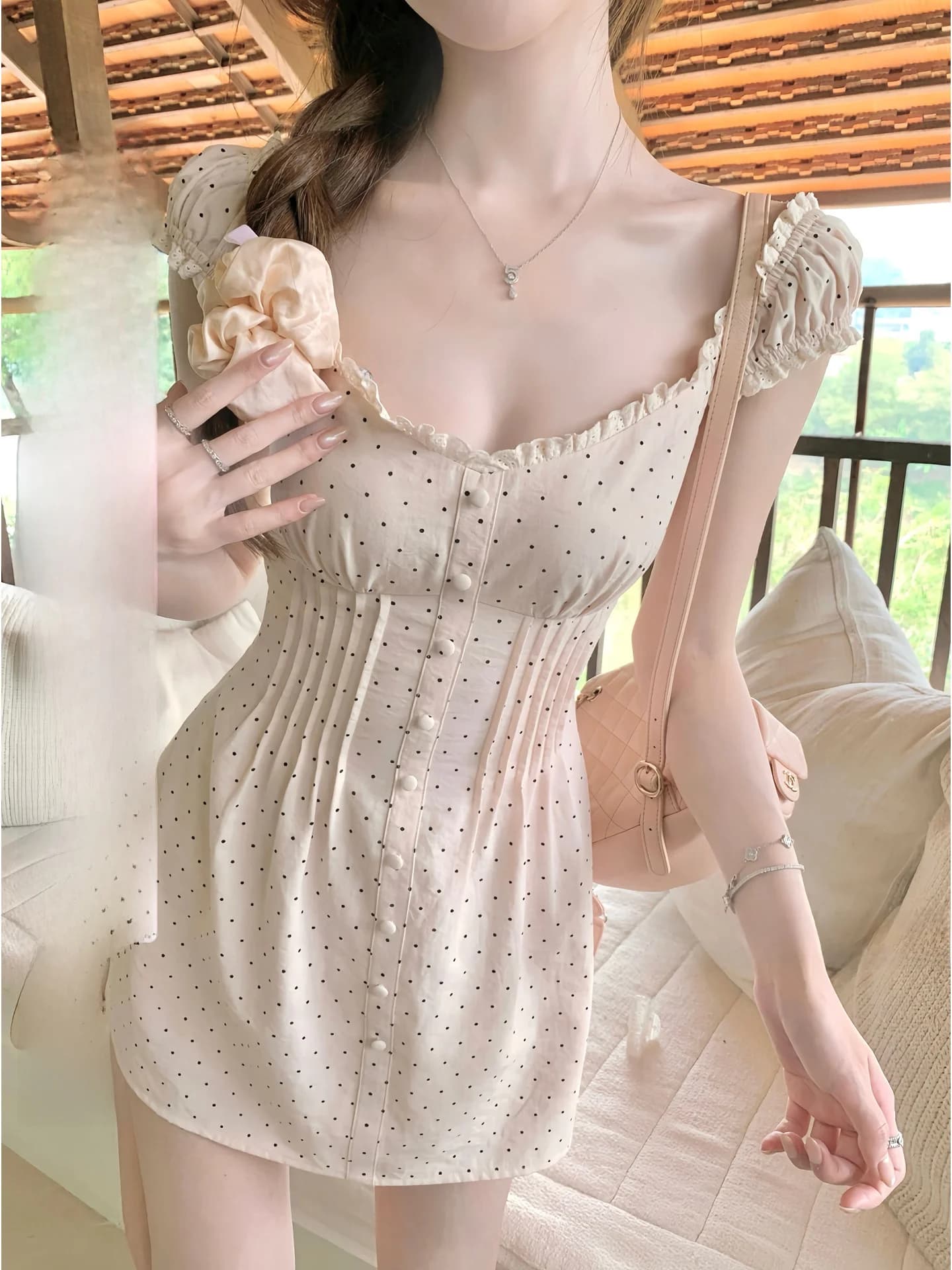 Abito corto Mona Flower con spalle scoperte, stile dolce da donna, vestito sottile a pois con stampa a pois, linea ad A, stile coreano, in misto cotone