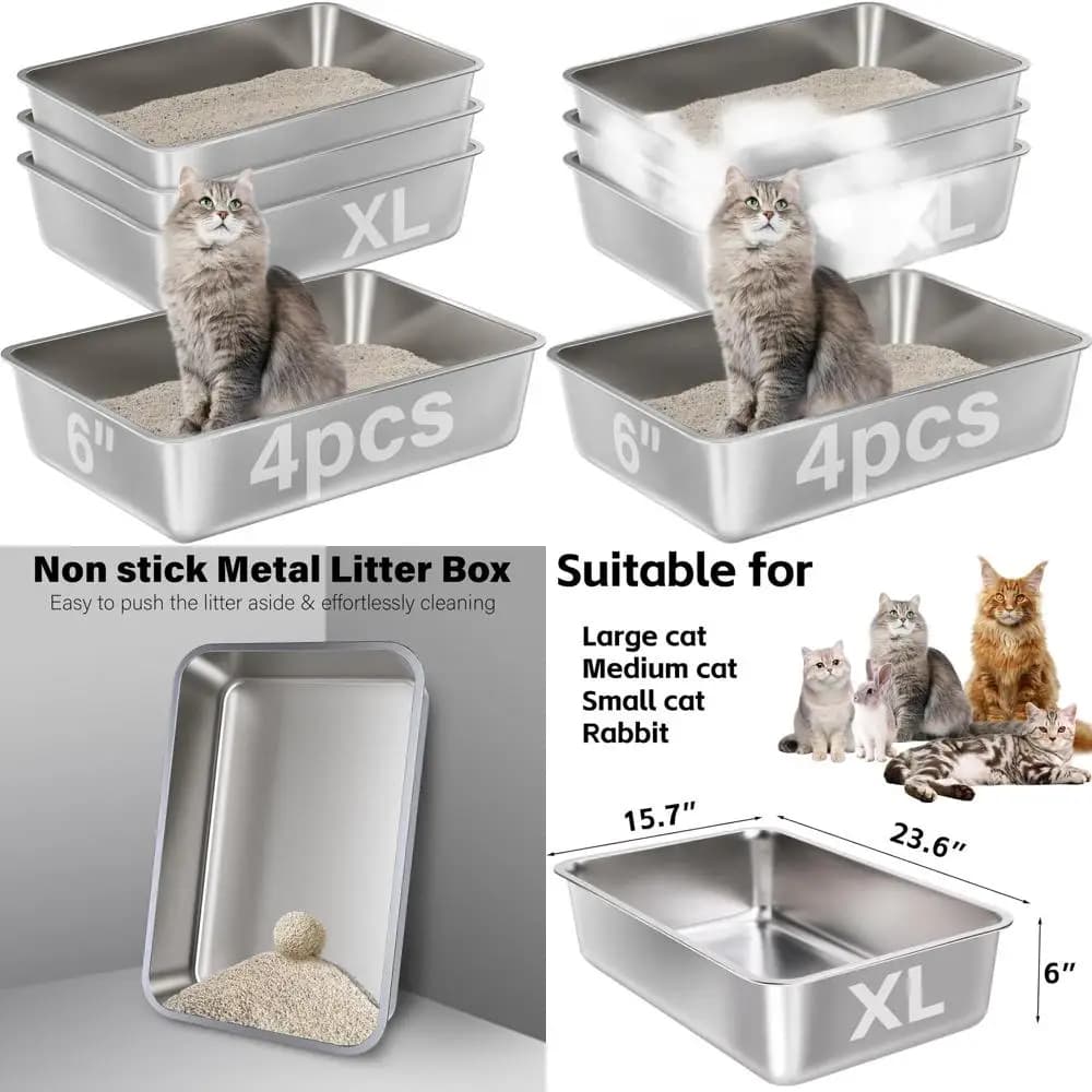 Lettiere per Gatti in Metallo Extra Large, Set da 4, con Bordi Alti per Facile Pulizia, Inodore, Interno Antiaderente