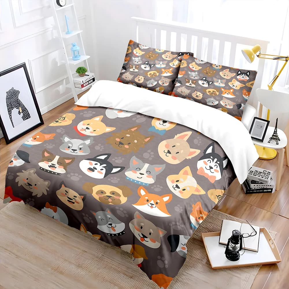 Set di biancheria da letto con stampa di cani dei cartoni animati, 1 copripiumino, 2 federe per adulti e bambini, regalo di lusso, misura completa