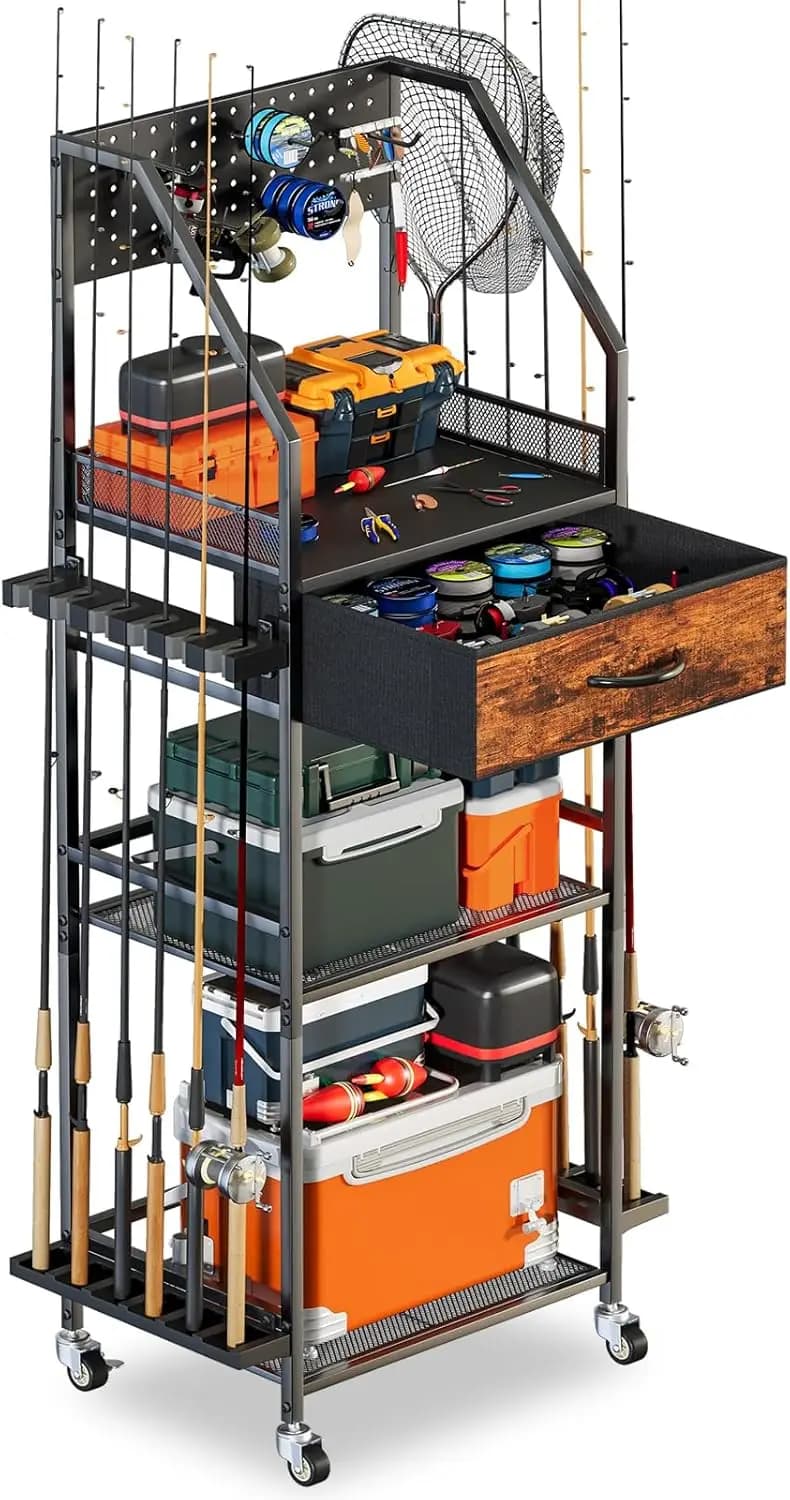 Organizzatore Portacanne da Pesca con Cassetto e Pannello Forato, Carrello Portacanne per 12 Canne con Ruote