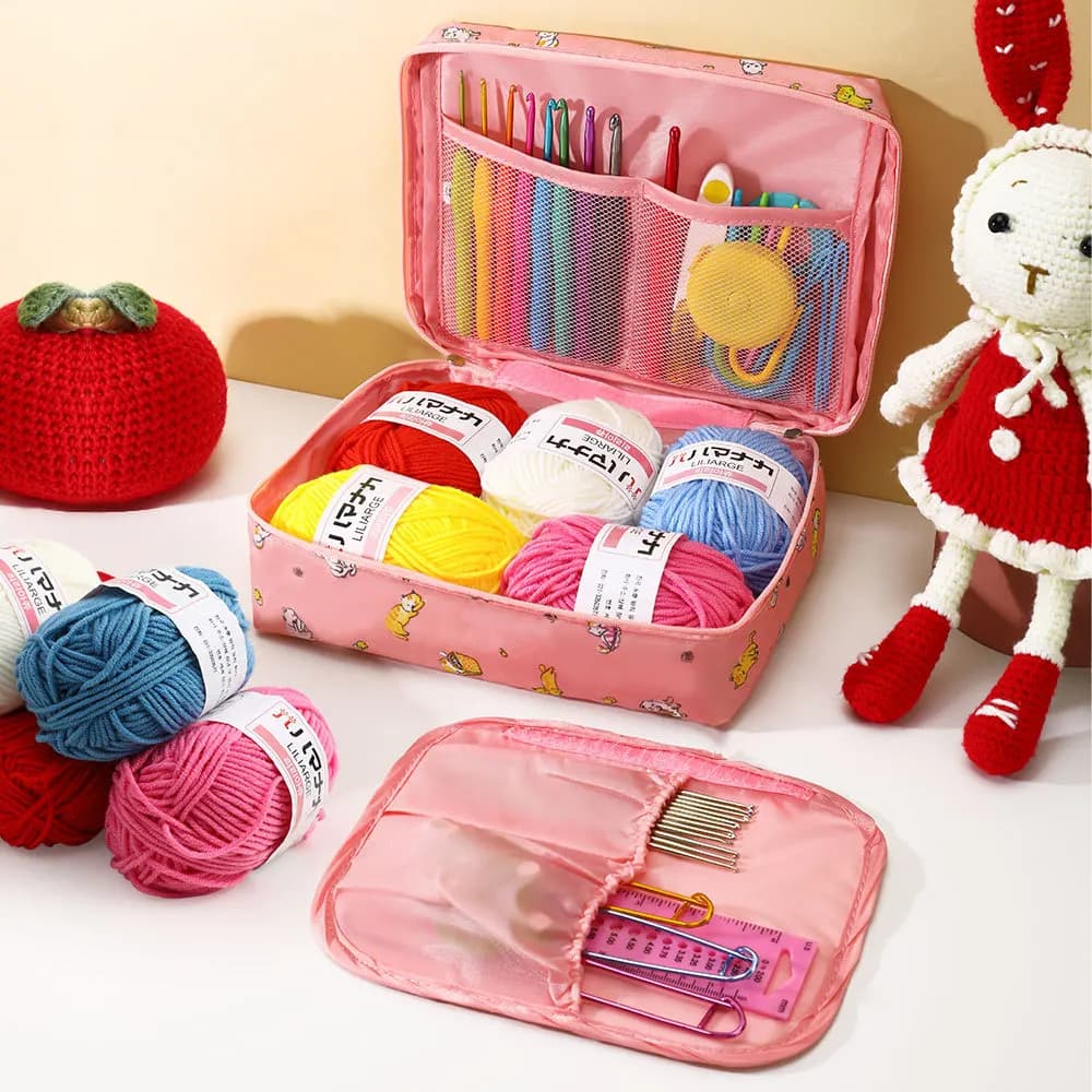 Set da 59 Pezzi per Uncinetto Portatile, Kit per Principianti con Borsa Portaoggetti, Pacchetto Materiali e Strumenti per Conservazione