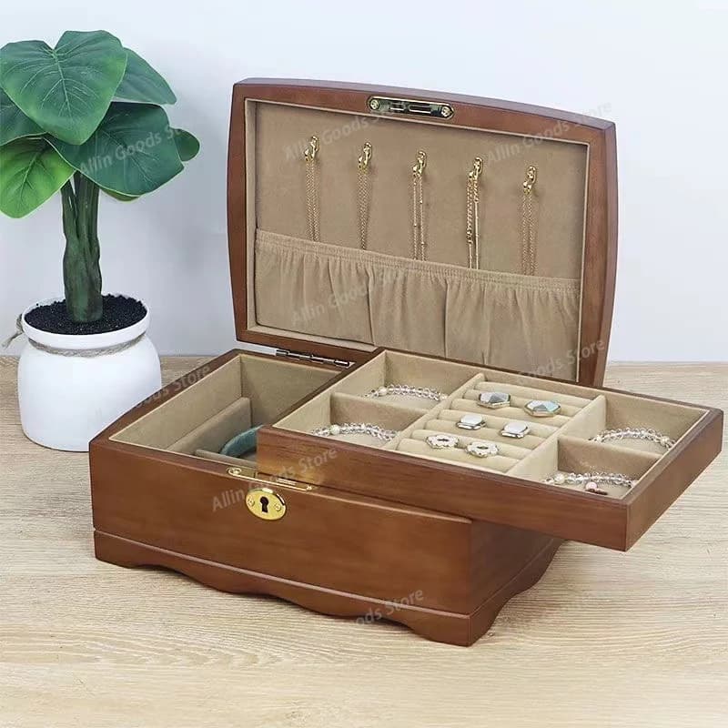 Wooden Jewelry Storage Box with Lock Retro Paintings Jewellery Boxes Ring Holder Bracelets Display Necklace Stand Showcase Box