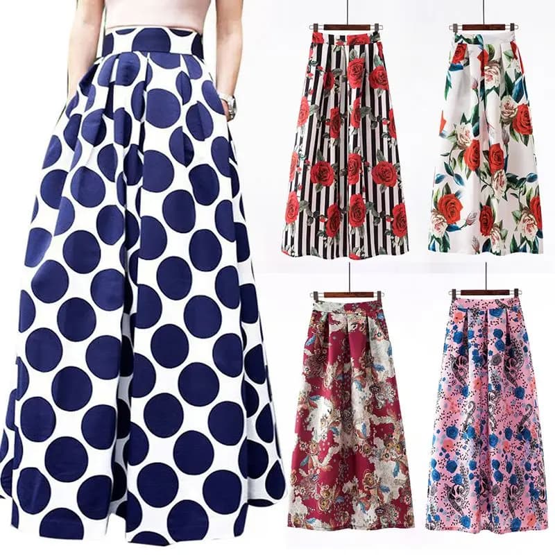 Women's Vintage White Contrast Polka Dot Print Maxi Skirt Long Flared Skirt Polyester Material Summer 2019 Collection