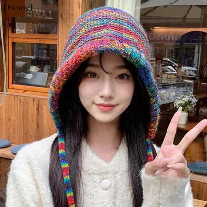 〔Funny〕New Rainbow Striped Knitting Beanie Hat Women Girl Winter Warm Crochet Ear Protection Cap