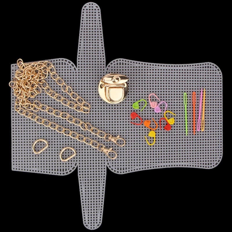 1 set di sacchetti fai da te in tessuto a rete di plastica, materiale per tessitura, foglio, griglia, gancio, catena in metallo, fibbia, lavoro a maglia, accessori per borse all'uncinetto