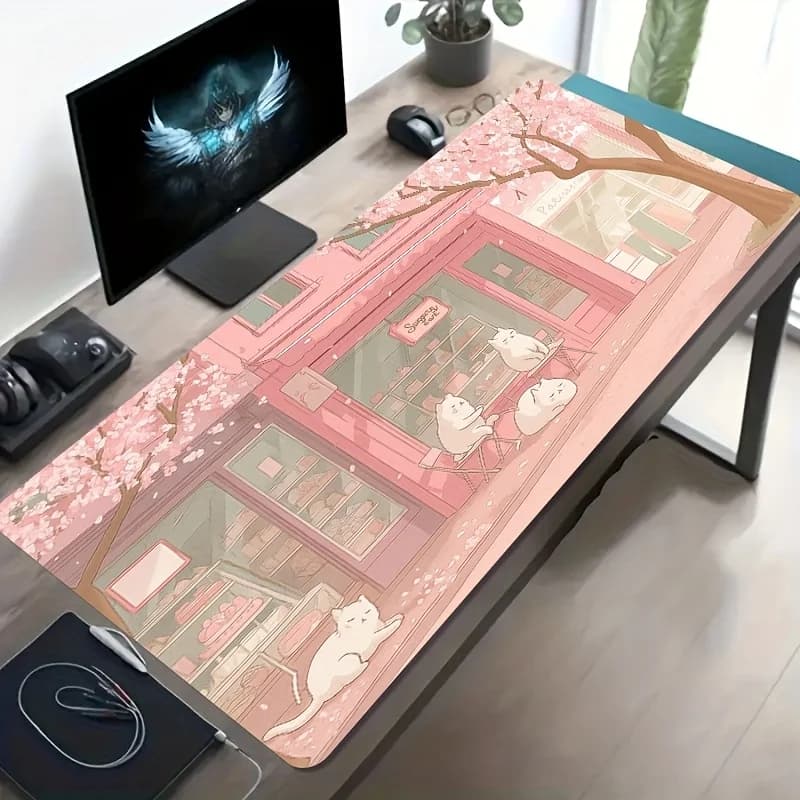 Tappetino per mouse con motivo Pink Cat Cafe, tappetino da gioco per scrivania, base in gomma antiscivolo, tappetino per mouse grande per PC, tastiera portatile, ufficio