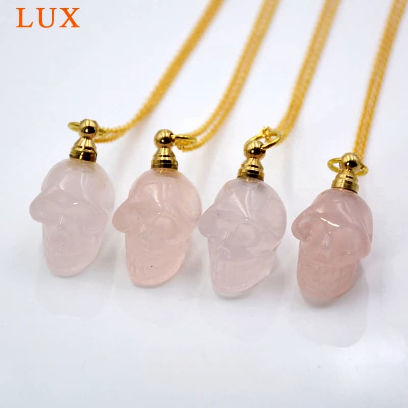 Natural Gemstone Rose Quartz Perfume Bottle Pendant, Ghost Head Essential Oil Diffuser Necklace Ghost Skull Pink Crystal Pendant