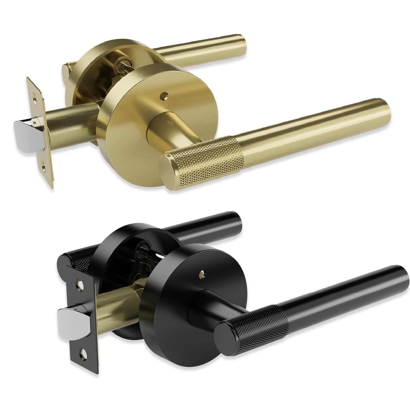 Viladepot Privacy Door Handle Front Knurled Handle Lever Matte Black Round Base Bedroom Bathroom Door Lock Reversible