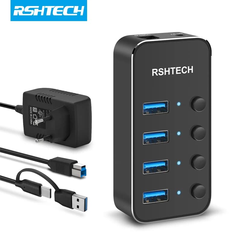 Hub USB alimentato RSHTECH Hub prolunga USB 3.0 splitter USB in alluminio da 5 Gbps con cavo USB tipo A/C 2 in 1 Adattatore di alimentazione 5 V/2 A