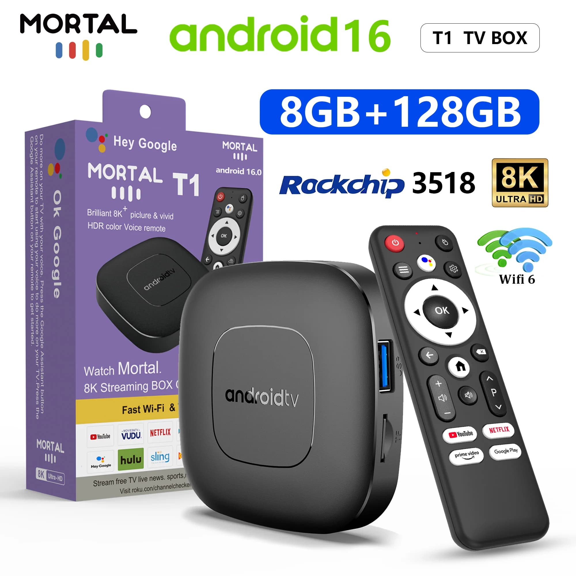 HOT 2025 Mortal T1 Android 16 Smart Home Theater TV Box BT5.4 + 2.3 Assistente Google RK3518 8GB RAM 128GB ROM Wifi 6 Madia Player