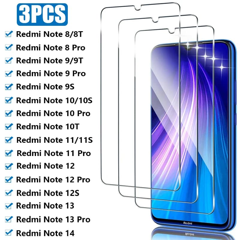 3PCS Vetro temperato per Xiaomi Redmi Note 8 9 10 Pro 8T 9S 10S Protezione per lo schermo per Redmi Note 11 12 13 Pro 11S 12S 14 5G Glass