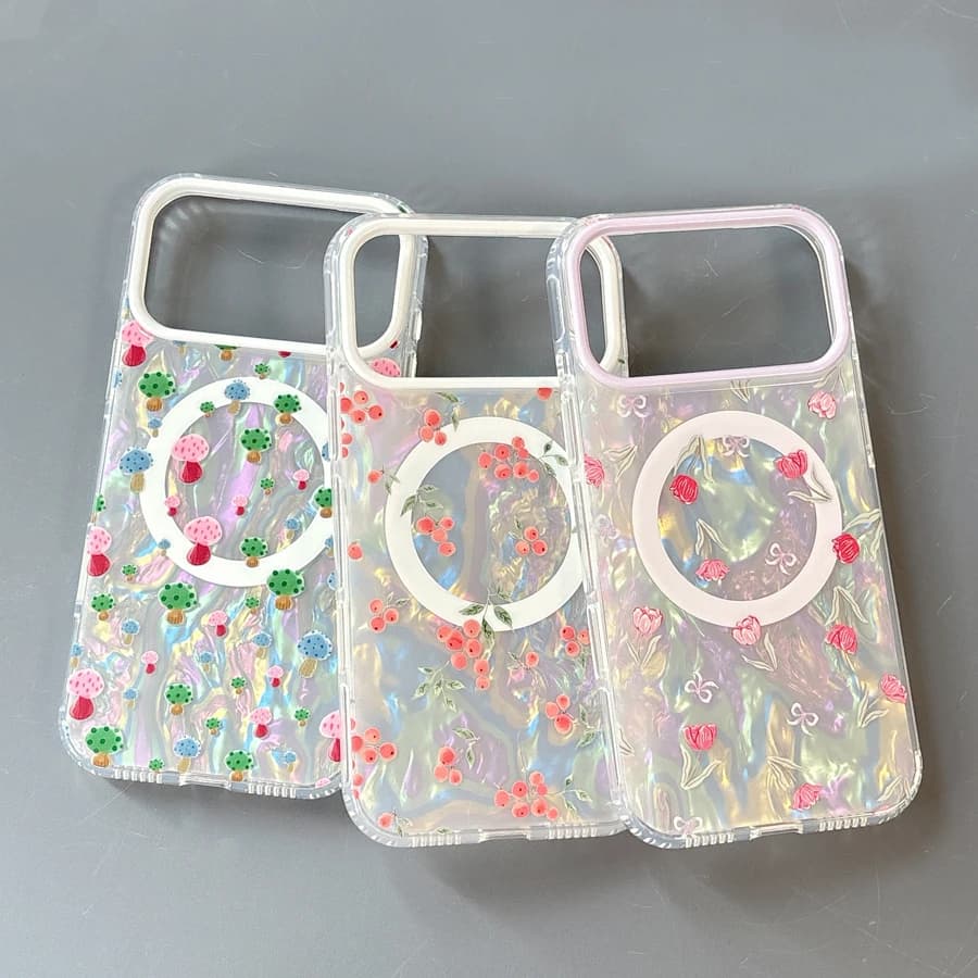 Mushroom Rose Flower Shell Pattern IMD For Magsafe Magnetic Phone Case For iPhone 17 16 14 15 Pro Max Cover