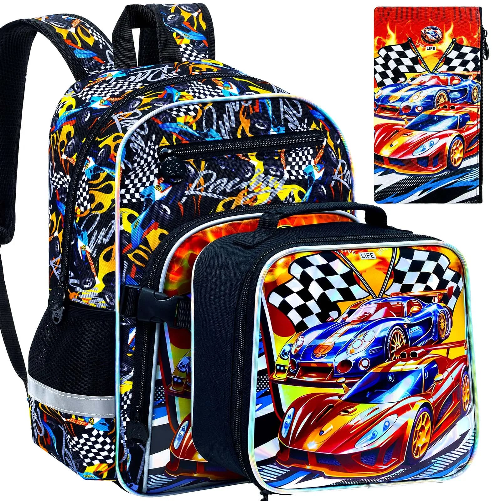 3pcs Boys Backpack Set, Racing Car School Backpack with Buckle, Handbag & Pen Pouch
