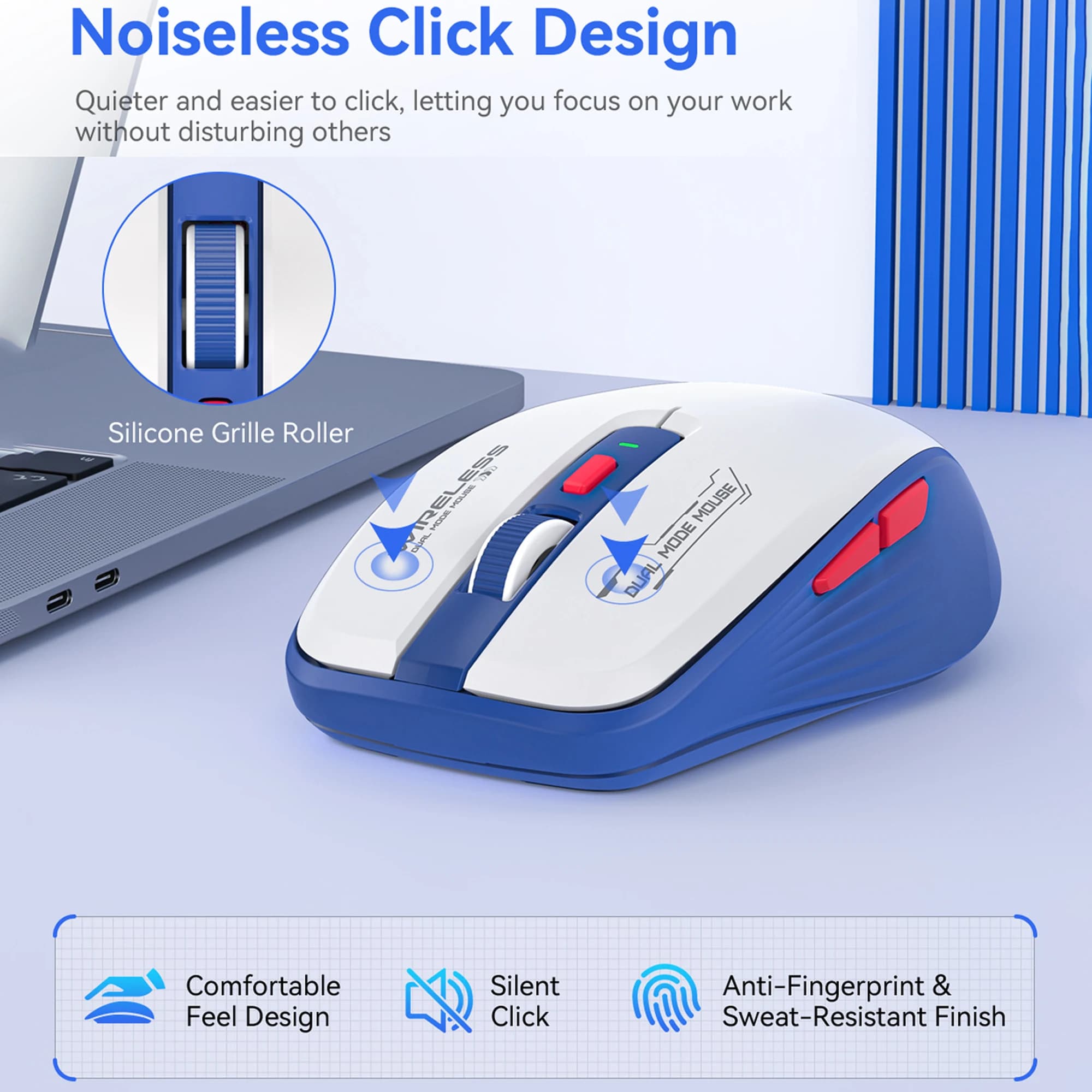 Mouse Wireless BT 2.4G Dual Mode 1600 DPI Silenzioso per Tablet, Notebook, PC, Ufficio, Portatile, Compatibile con iPad, Computer e Laptop