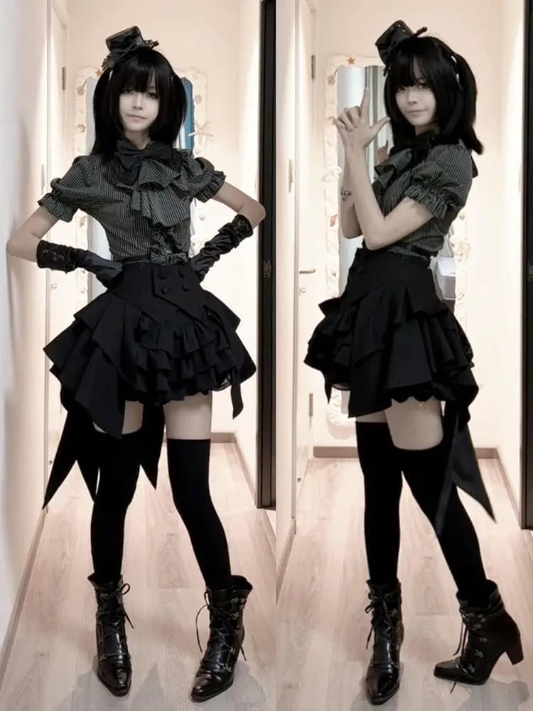 Japanese Gothic Lolita Subculture 3 Piece Set Women Summer Slim Fit Striped Bow Puff Sleeve Ruffle Blouse Layered Mini Skirt