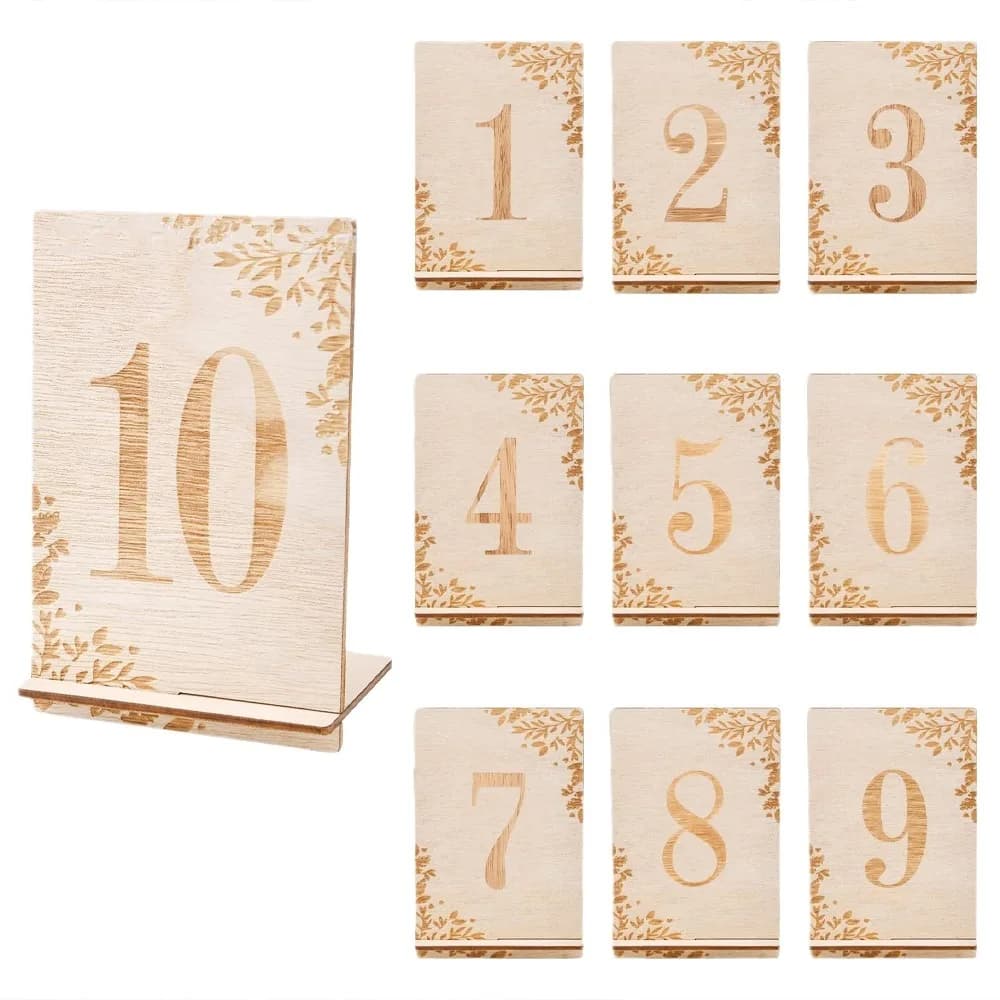 10 Pezzi Numeri da Tavolo in Legno da 1 a 10, Riutilizzabili con Supporto, Segnaposto Rustici Vintage Eleganti