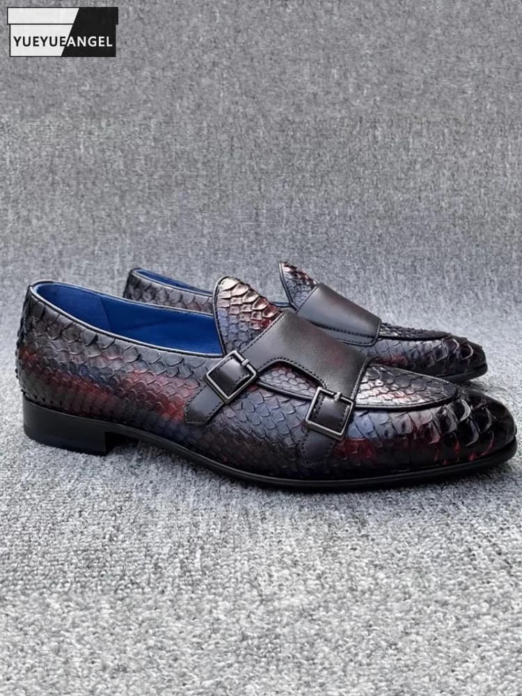 Scarpe eleganti da uomo in vera pelle di serpente, con doppia fibbia, slip-on, per matrimonio, lavoro, occasioni formali.