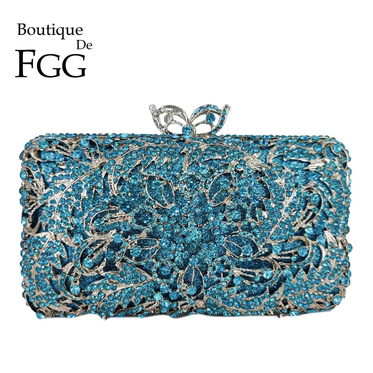 Boutique De FGG Borse da sera con pochette in cristallo da donna blu turchese Borse con strass Fiore Minaudiere Borsa per festa di nozze