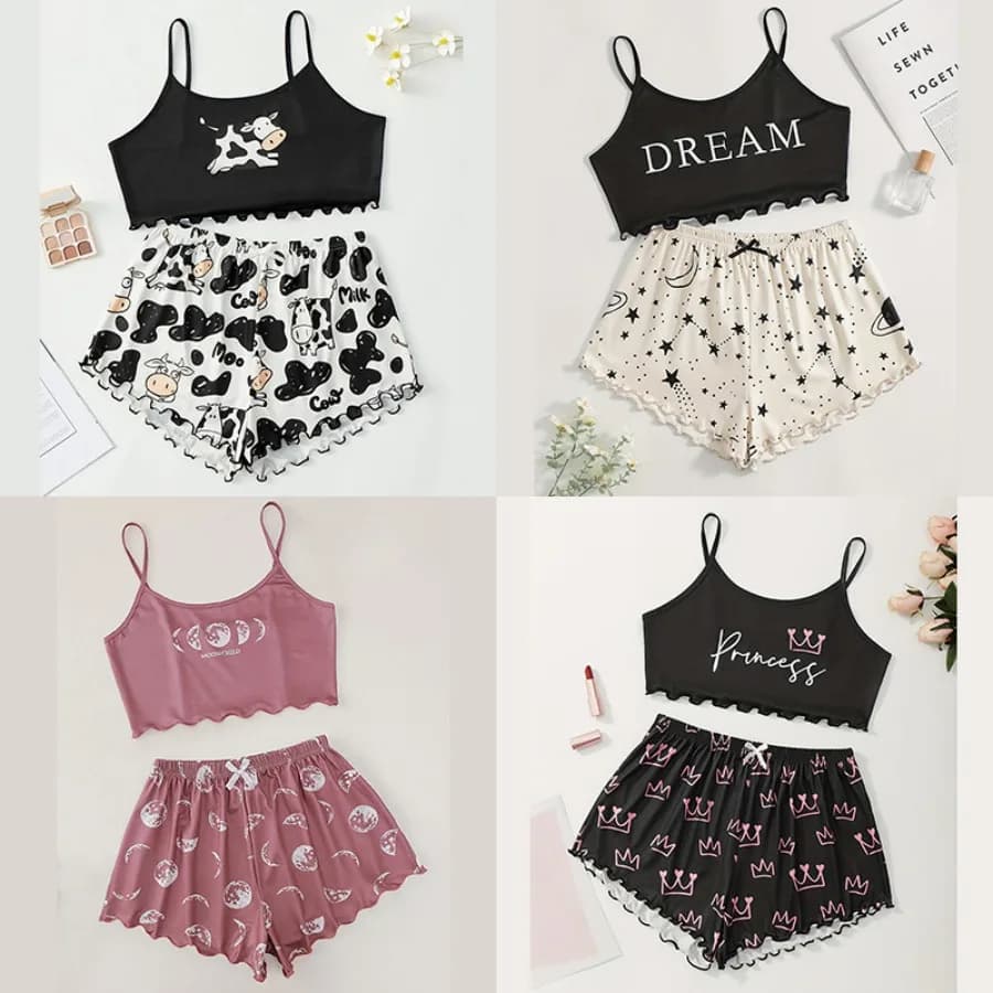 Cross-border women's pajamas summer new sling open shoulder home cute printed pajamas home clothing night wear