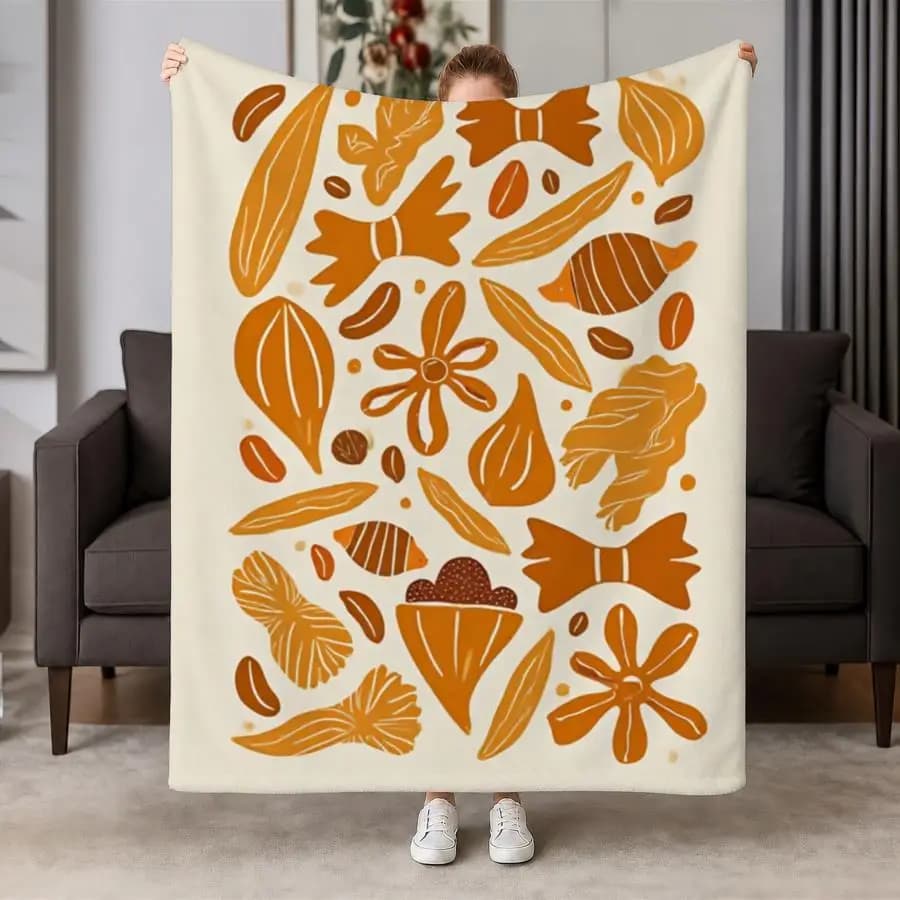 Cozy Abstract Pasta Print Flannel Throw Blanket - Soft Warm Cream & Orange Weighted Bedspread Suitable for Couch, Bed, Office, Travel, Machine Washable - Blanket with Pasta, Gift for,, 2D Flat