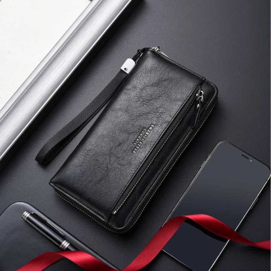 【Nuovo stile】Nuovo portafoglio lungo da uomo con porta carte estraibile esterno, pochette da uomo con cerniera in morbida pelle per giovani