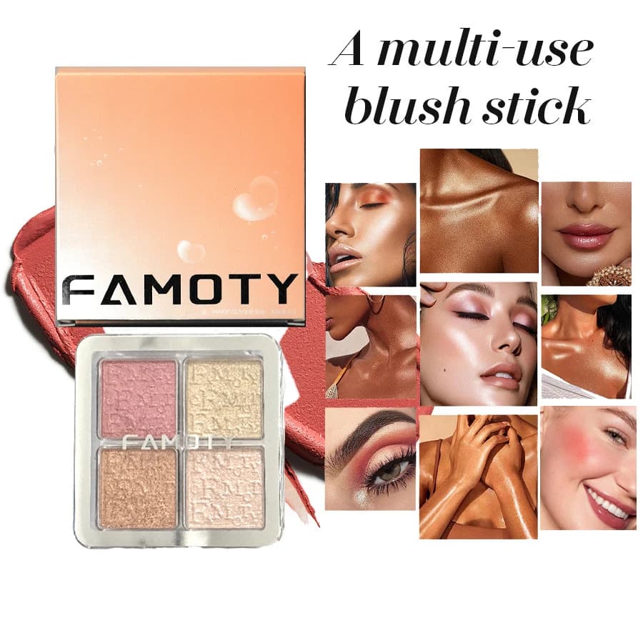 FAMOTY Palette Illuminante e Contorno Viso 4 Colori con Diamanti, Glitter Naturale, per un Effetto Luminoso e Illuminante sul Viso