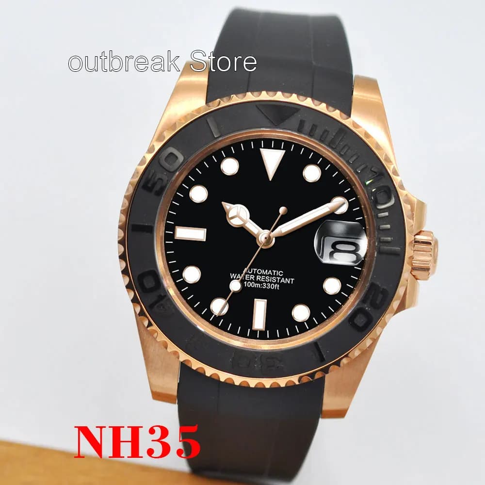 Corgeut Fashion Japan 24 Jewels NH35 40mm Watch orologio da uomo automatico in oro rosa Miyota YM cinturino in gomma Ceremic spazzolato