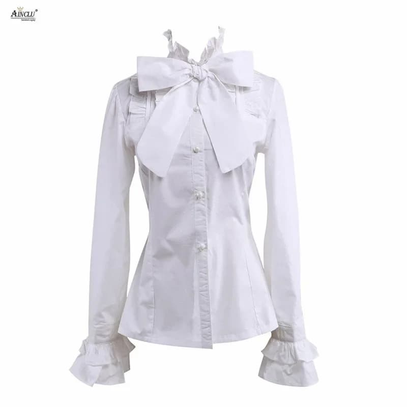 Camicia Bianca Giapponese Dolce da Donna, Blusa Kawaii con Bottoni, Top Carino con Volant e Fiocco Grande a Maniche Lunghe Stile Lolita