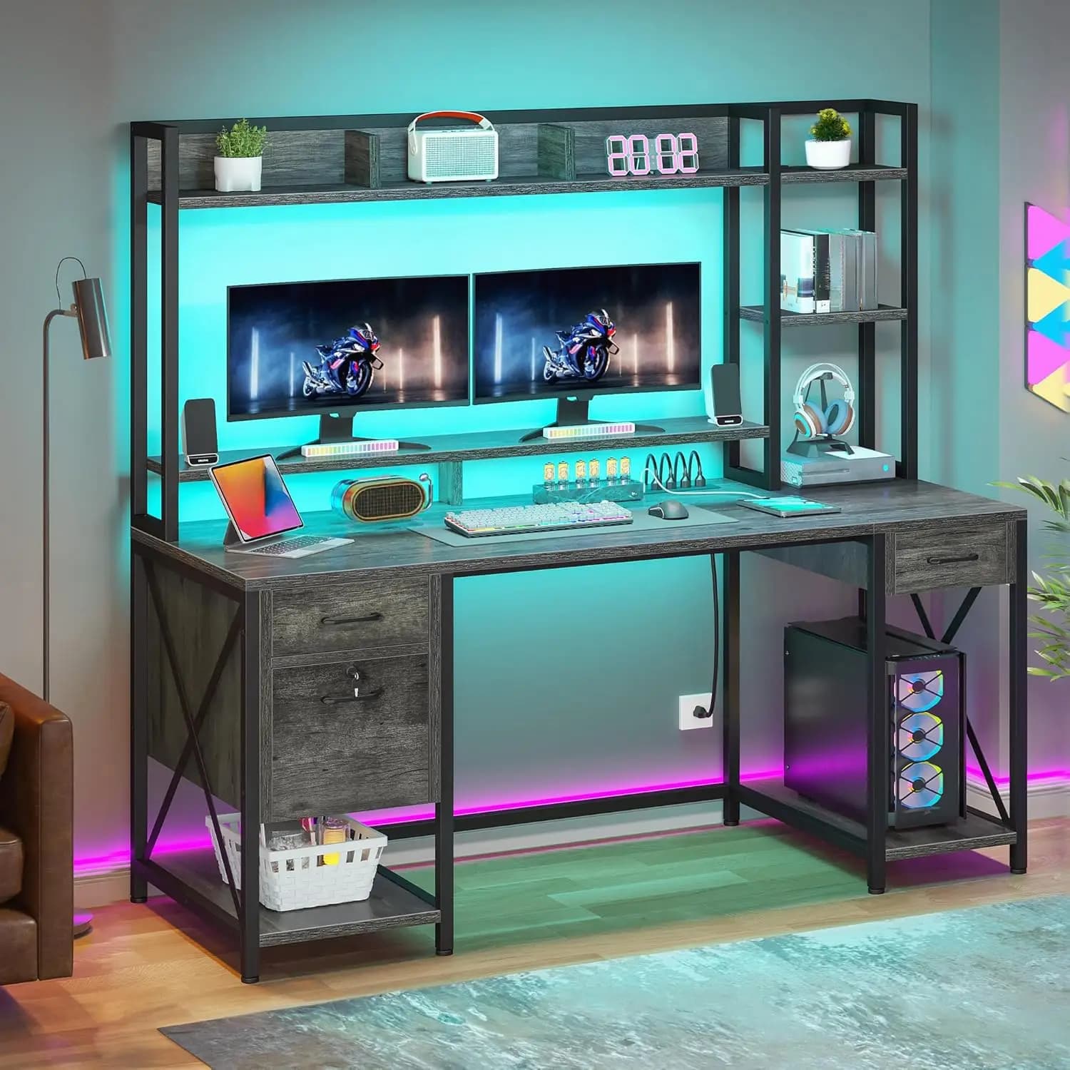 Scrivania per Computer con Mobiletto e Cassetti, Scrivania da Ufficio da 150 cm con Prese Elettriche, Scrivania da Gaming con Luci LED e Spazio di Archiviazione, Personalizzabile