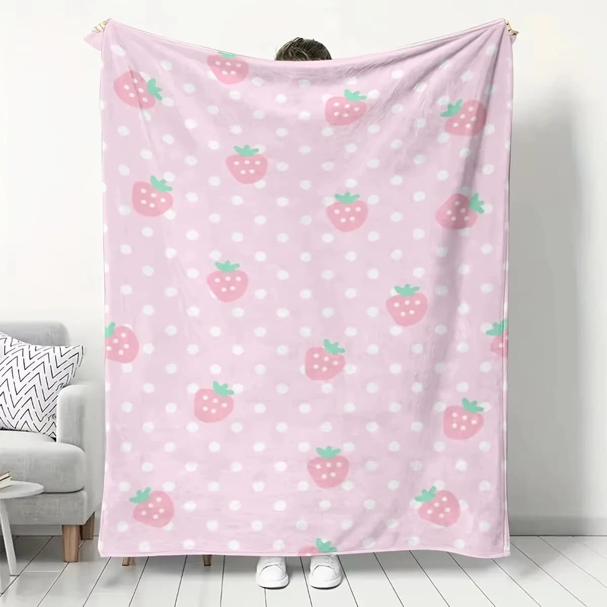 Pink Strawberry Dot Flannel Blanket in Soft Fabric with Single Side 2DPrint for to Bring Sweet Warm Home Relax Cozy Comfort Vibe