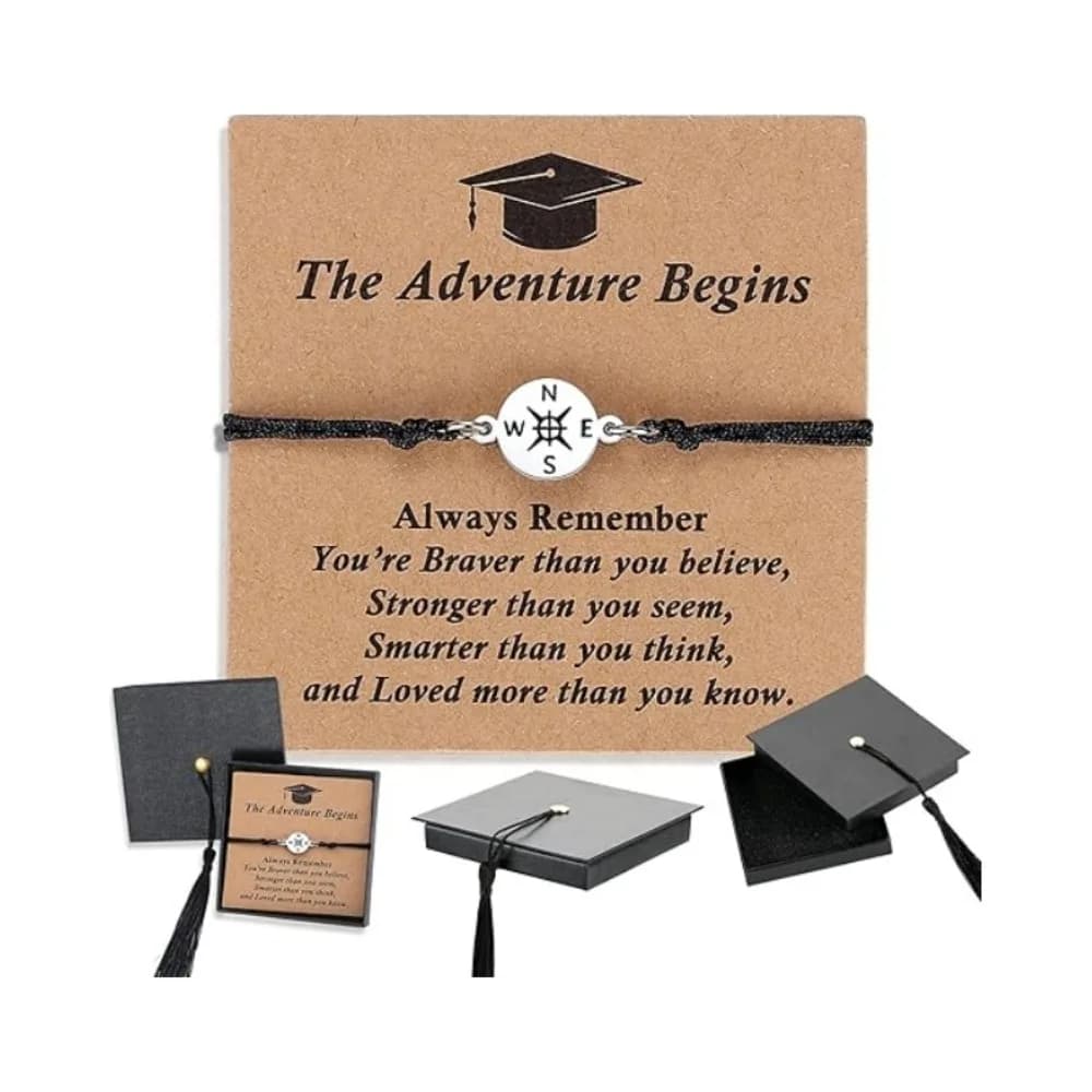 The Adventure Begins Graduation Compass Bracelet Hand Woven Doctoral Cap Gift Box Friendship String Bracelet Meaningful Keepsake