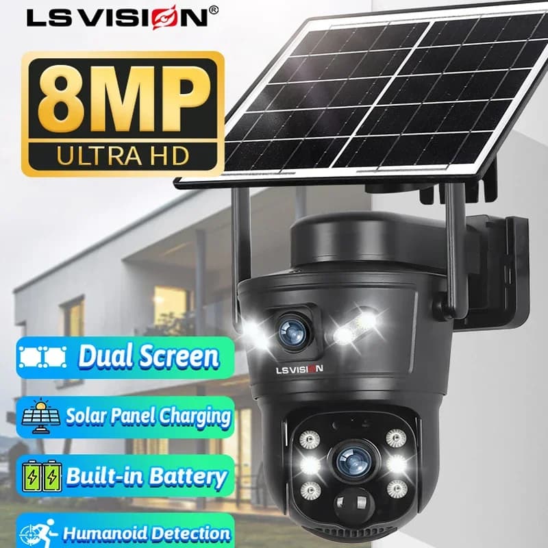 LS VISION 8MP 4G Telecamera solare Doppia lente 2 schermi WiFi PTZ Monitoraggio automatico Telecamera di sorveglianza panoramica impermeabile con batteria