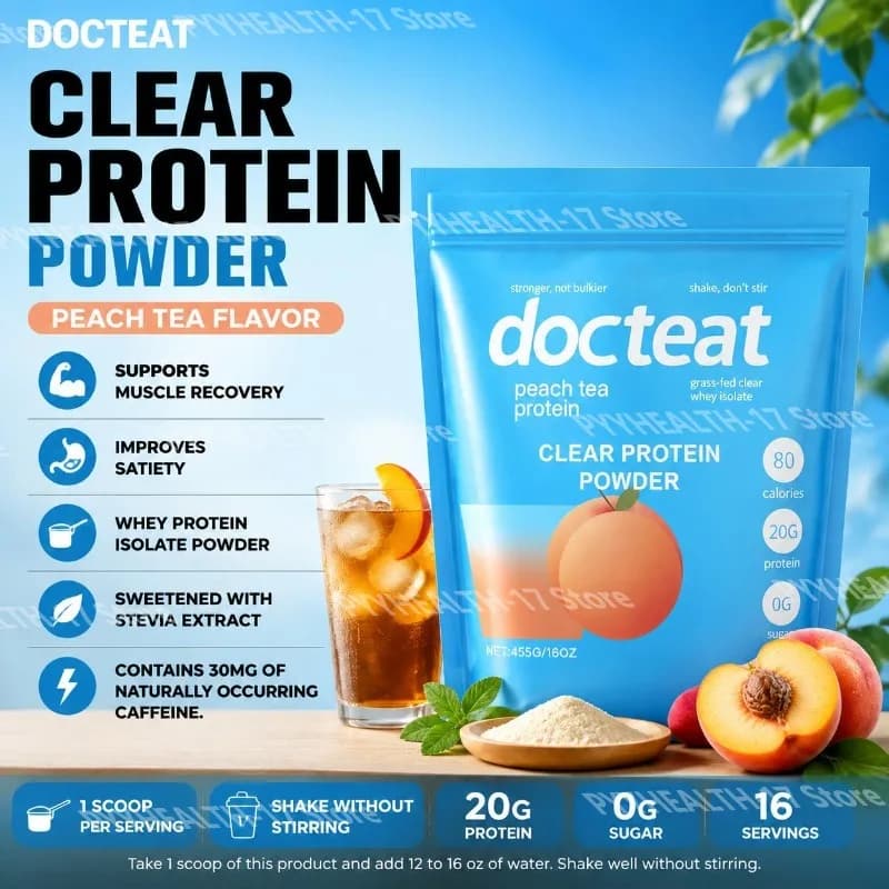 Whey Protein Isolate Powder, Peach Flavor, Supports Muscle Recovery 20g Protein 0g Sugar 80 Calories Stevia for Men Women 455 G
