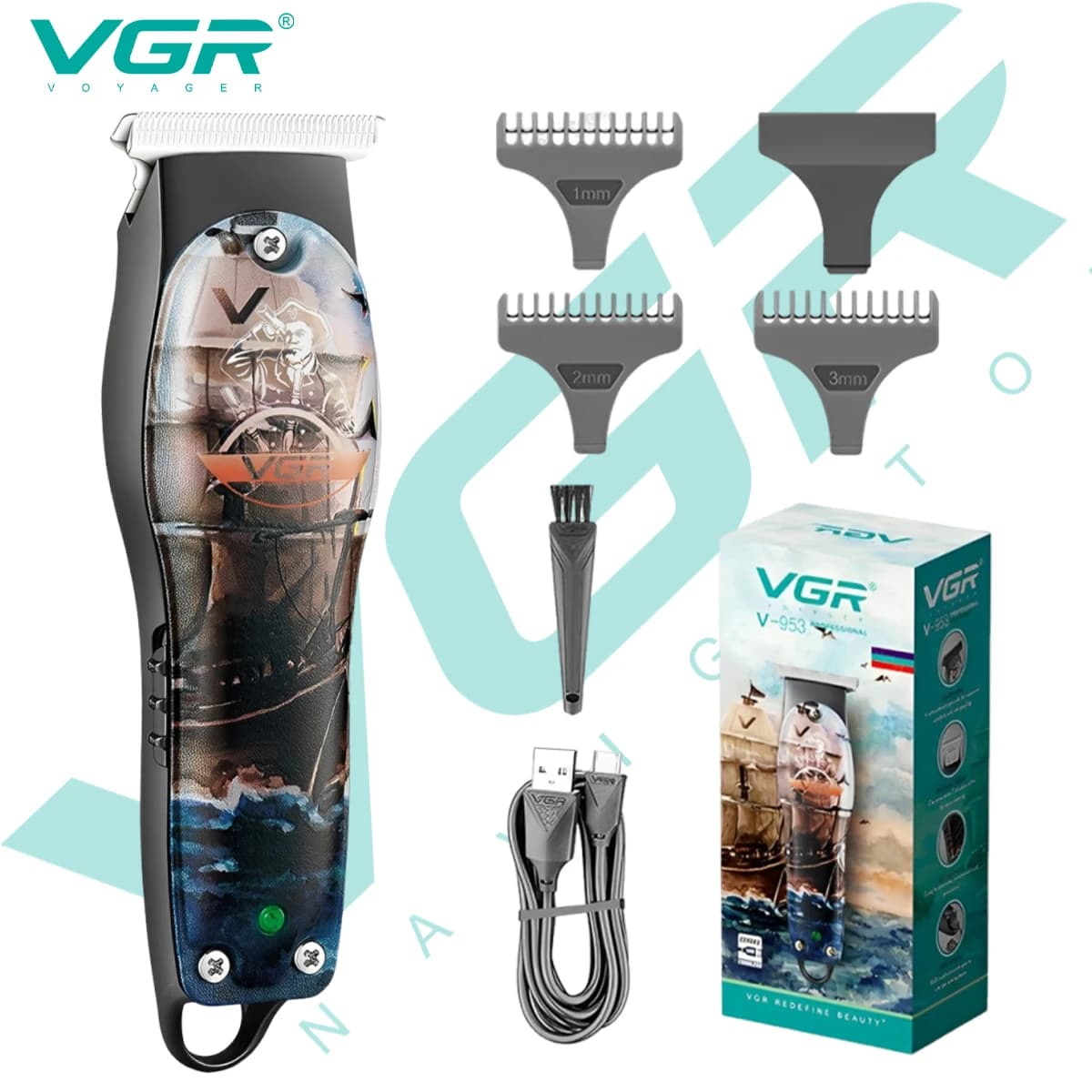 VGR V-953 Low Noise Regulate and Haircuts Professional Haircuts Wireless Charge Personality Trimmer Graffiti