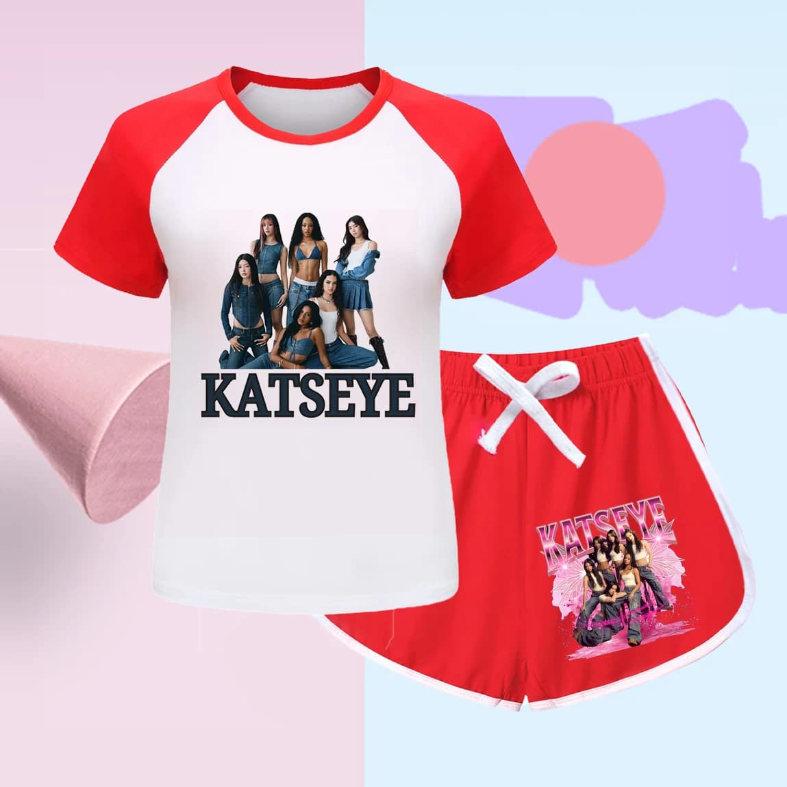 Hot Katseye Funny Print 2Pcs/Set Kid Pajamas Set Girl Boy Clothes Pijamas Cartoon Short Sleeve Tshirt+Pant Set Home Costume