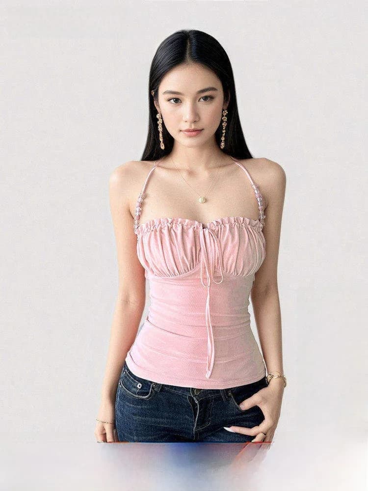 Sexy Pink Beaded Cross Necklace Strap Vest Waist Cinching Hanging Neck Top FUNOFF Retro Style Moisture Wicking Casual Wear