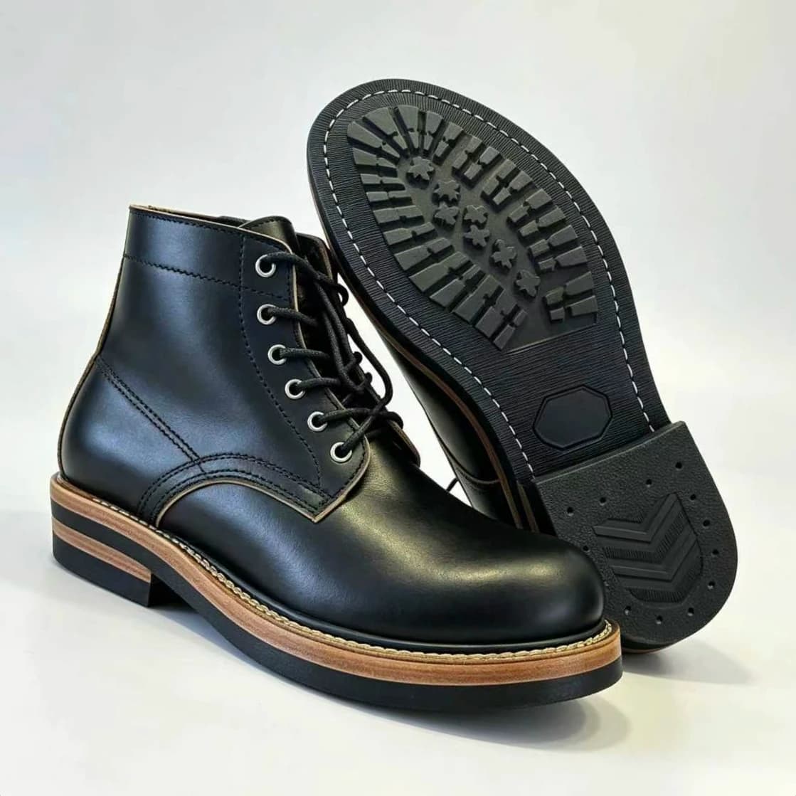 AL410 Men Vintage Full Grain Leather Work Boots Goodyear Welt Cap Toe Ankle Boots Non Slip Thick Sole Motorcycle Combat Boots
