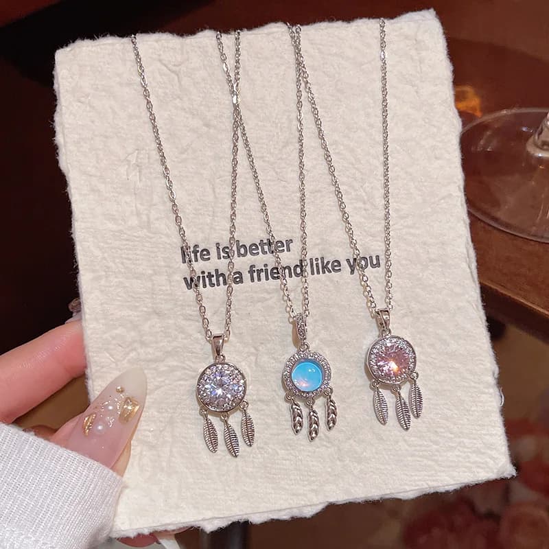 Exquisite White Pink Zircon Pendant Dreamcatcher Necklace for Women Stainless Steel Clavicle Chains Wedding Anniversary Jewelry