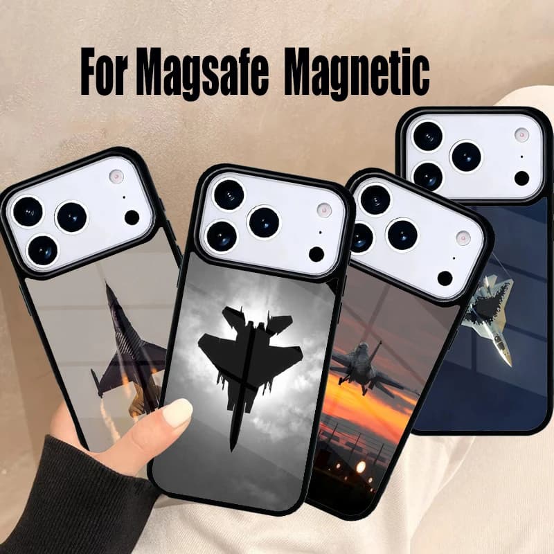 Cover per telefono a tema aereo da combattimento per iPhone 17 Air 16e 15 14 13 12 11 Pro Max Plus, con ricarica wireless magnetica MagSafe
