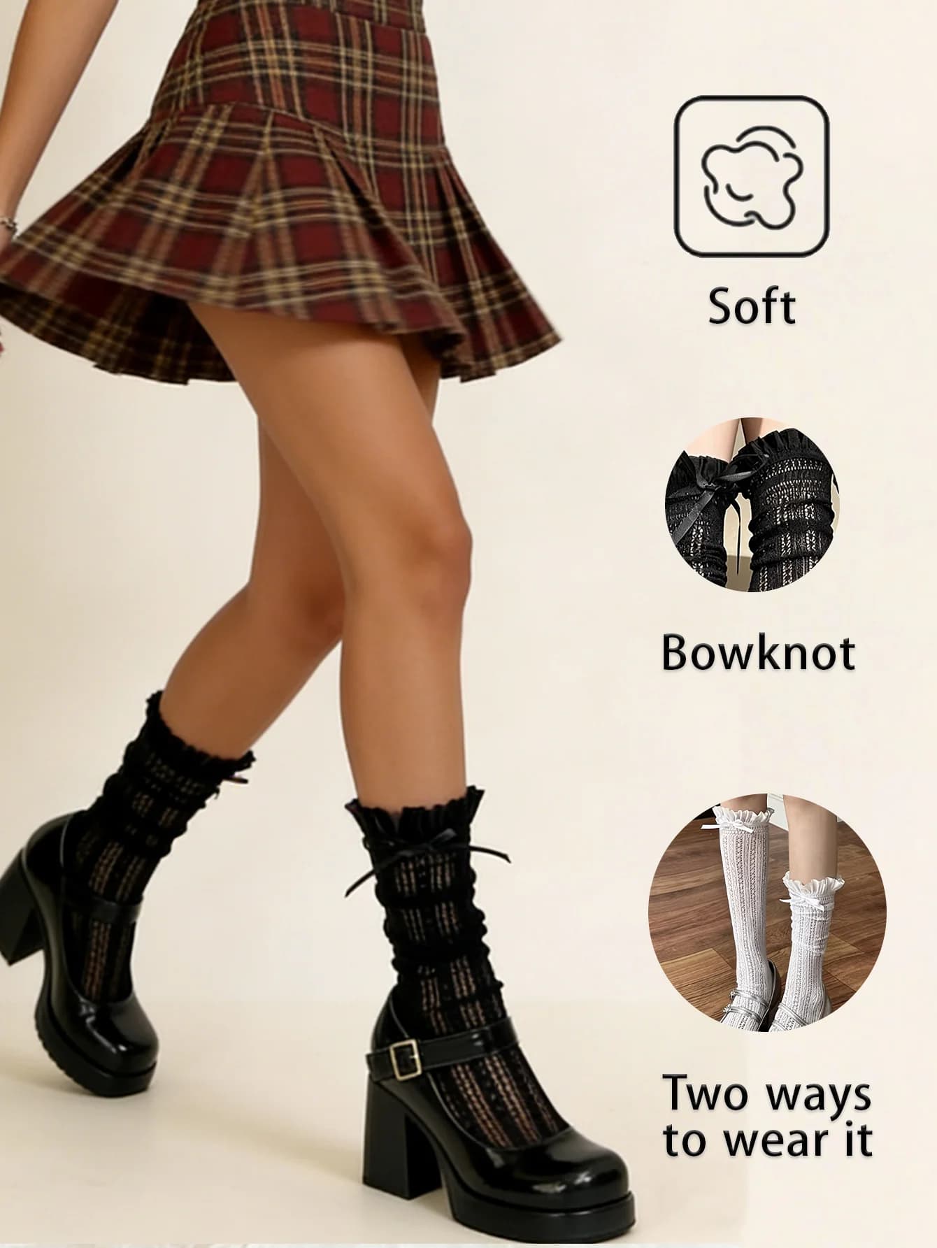 1 paio di calzini in pizzo con decorazioni a fiocco, morbidi e traspiranti, due modi di indossare, stile Kawaii Lolita per abiti quotidiani e casual