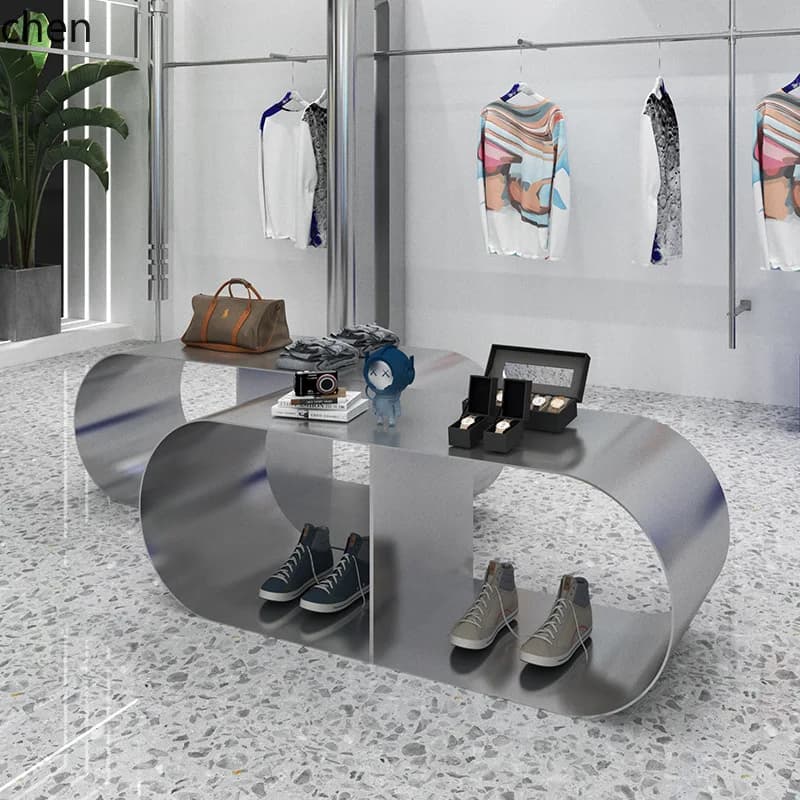 Espositore da banco HYS Store Island per scarpe e borse, in acciaio inossidabile spazzolato