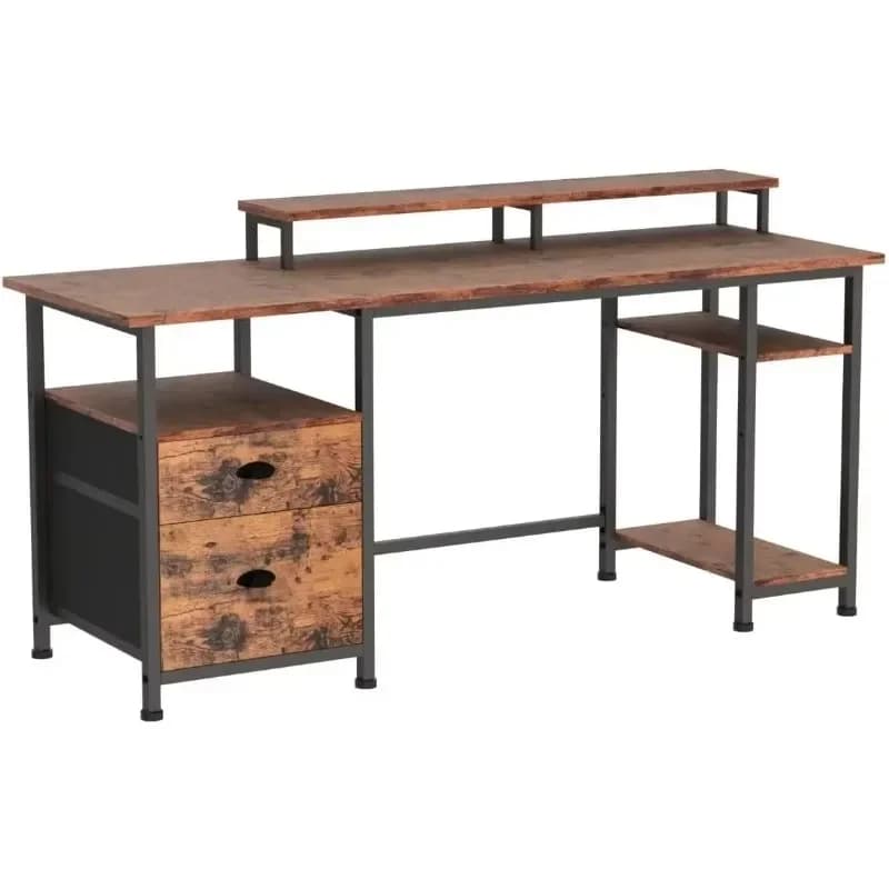 Scrivania da 61 pollici con cassetto portadocumenti in tessuto, scrivania per computer reversibile con ripiani e cassetto, scrivania industriale con supporto per monitor