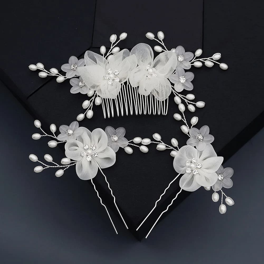 Handmade Silk Flowers Pearl Beaded Hair Comb Hairpin Set 3pk Bridal Wedding Headpiece Hair Accessories Classic Hair Clips