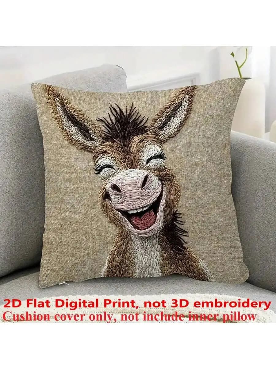 1pc Whimsical Watercolor Donkey Smile Print, Non-Embroidered, Peach Velvet Polyester Throw Pillow Cover, 45x45cm, Farmhouse