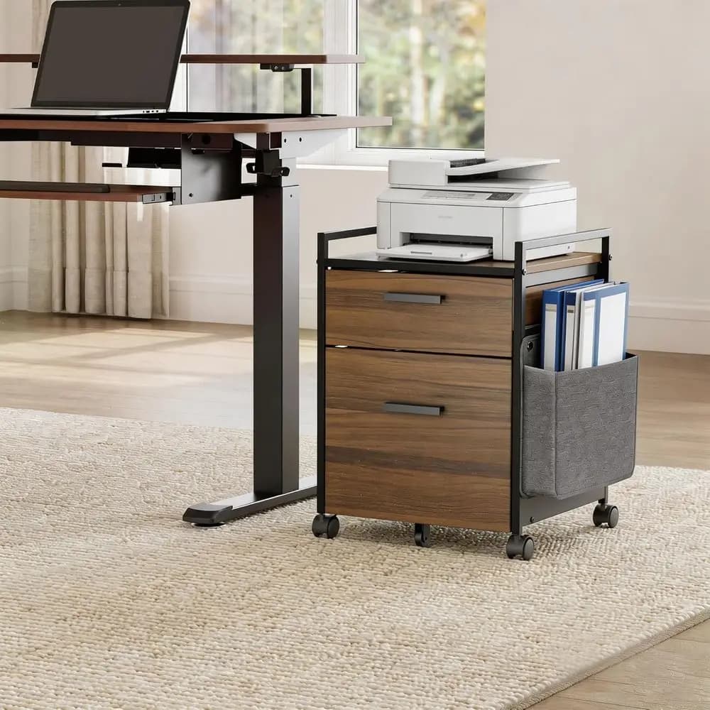 Mobiletto portaoggetti in legno a 2 cassetti con ruote, organizer da scrivania e supporto per stampante, salvaspazio per l'home office, finitura noce
