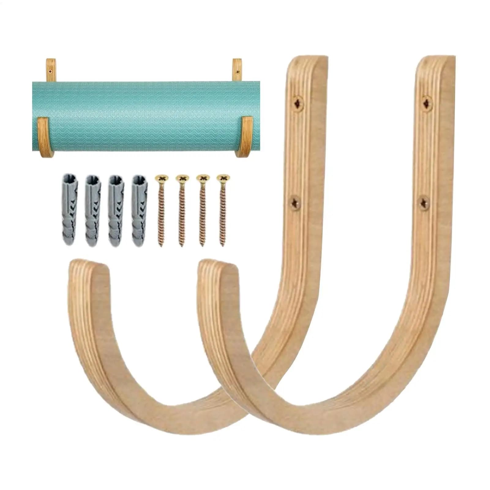 Wooden wall holder for yoga mats, 2 pack with screws, home gym holder for yoga mats, foam rollers and resistance bands