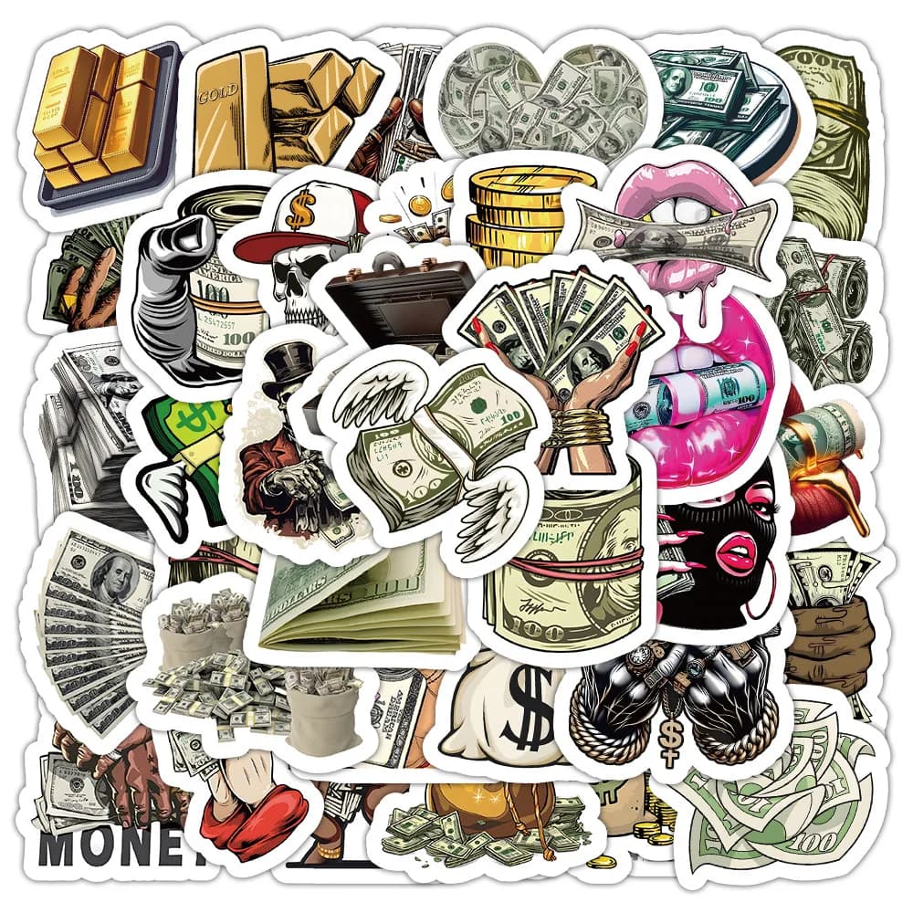 50/100 pezzi adesivi del mondo dei soldi del fumetto impermeabili resistenti allo sbiadimento per il portadocumenti del telefono mobili della stanza del computer portatile salvadanaio decalcomanie