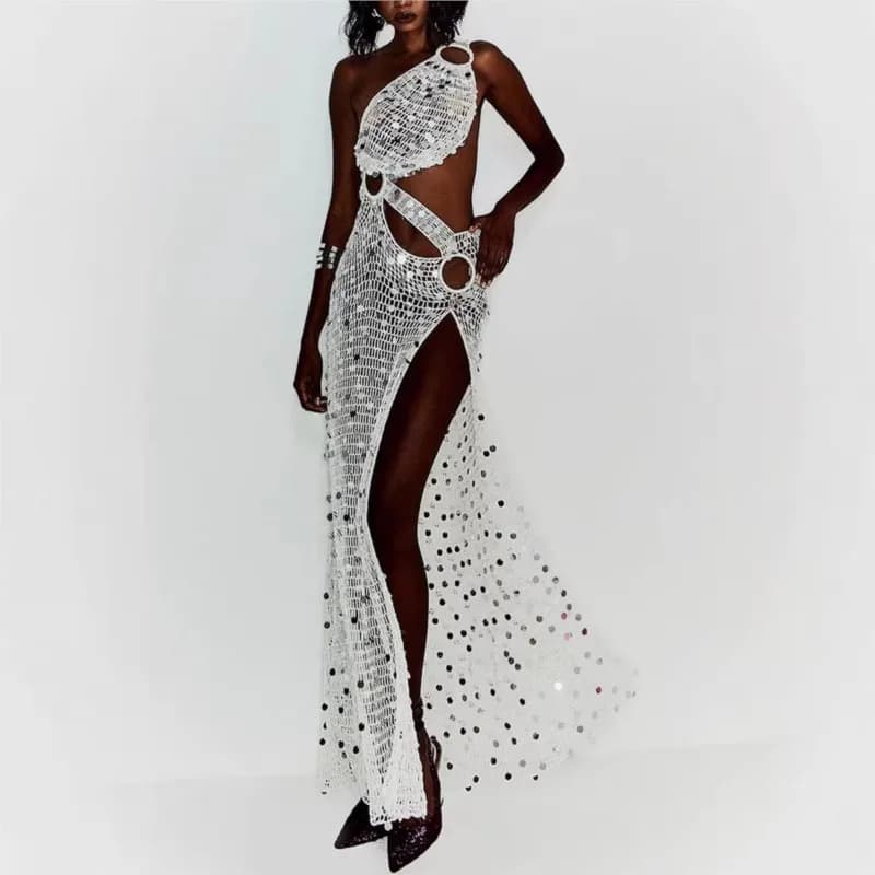 Sexy Women's Dress Skew Collar Sleeveless Backless Sequin Shinny Female Dresses 2026 Spring Beach Holiday Fashion Chic Lady Robe