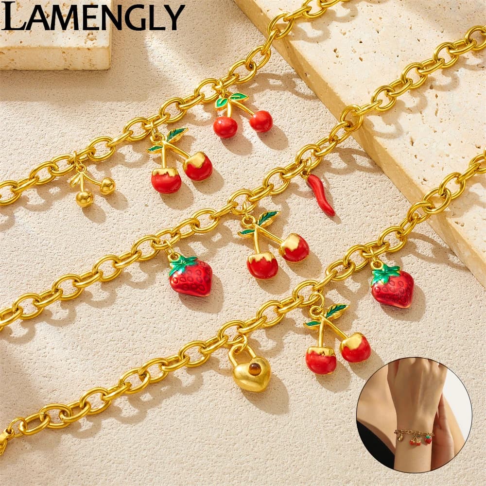 LAMENGLY Bracciale con ciondolo a forma di cuore in ciliegio fragola rossa di tendenza fresca in acciaio inossidabile 316L per regali eleganti con catena da polso da donna